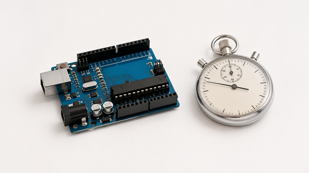 Arduino UNO i analogowy stoper ilustrujące odmierzanie czasu funkcją millis()