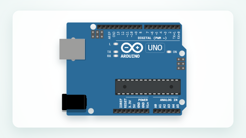 Arduino UNO R3 — widok płytki i rozmieszczenie pinów, grafika Wokwi Elements